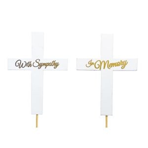 250313860WH 250313860WH (DZ) - White/Gold 6"W Remembrance Cross on 18"H Pick w/Script-2Asst