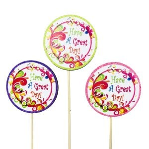 250930964AS 250930964AS (DZ) - Multi 3"DIA Wood "Have A Great Day" on 18"H Picks - 3 Asst